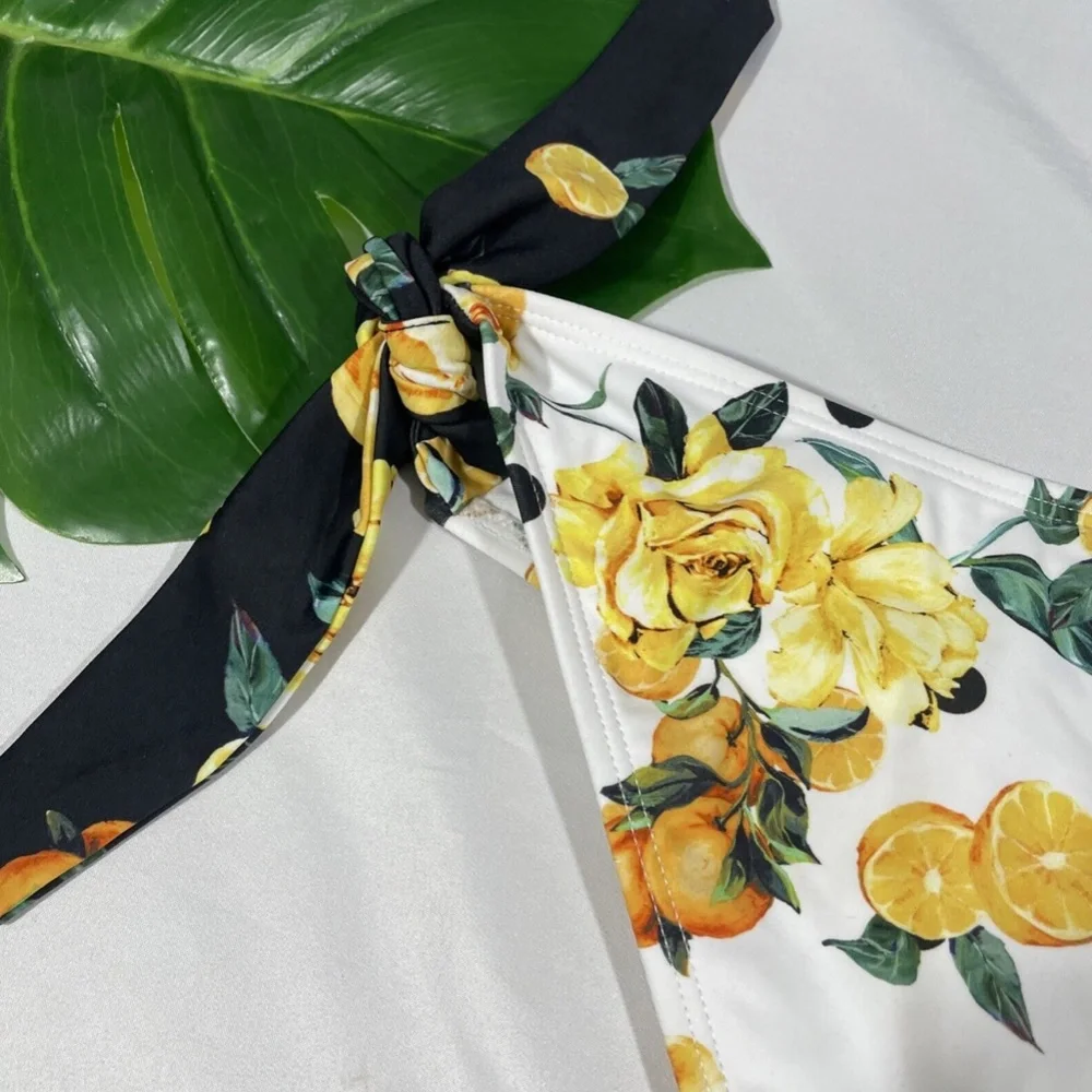 NEW‎ River Island [ 6 US ] Floral Lemon Blocked Tie Side Bikini Bottom White